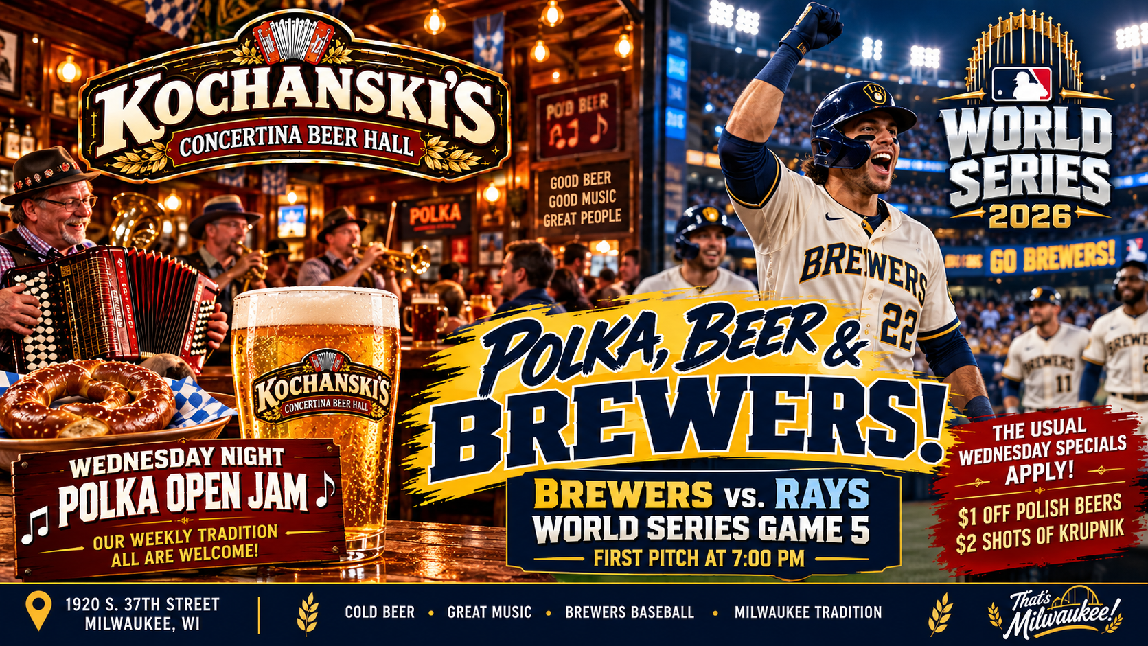 Kochanski's Polka, Beer and Brewers — Wednesday Polka Jam and World Series Game 5 at 7 PM